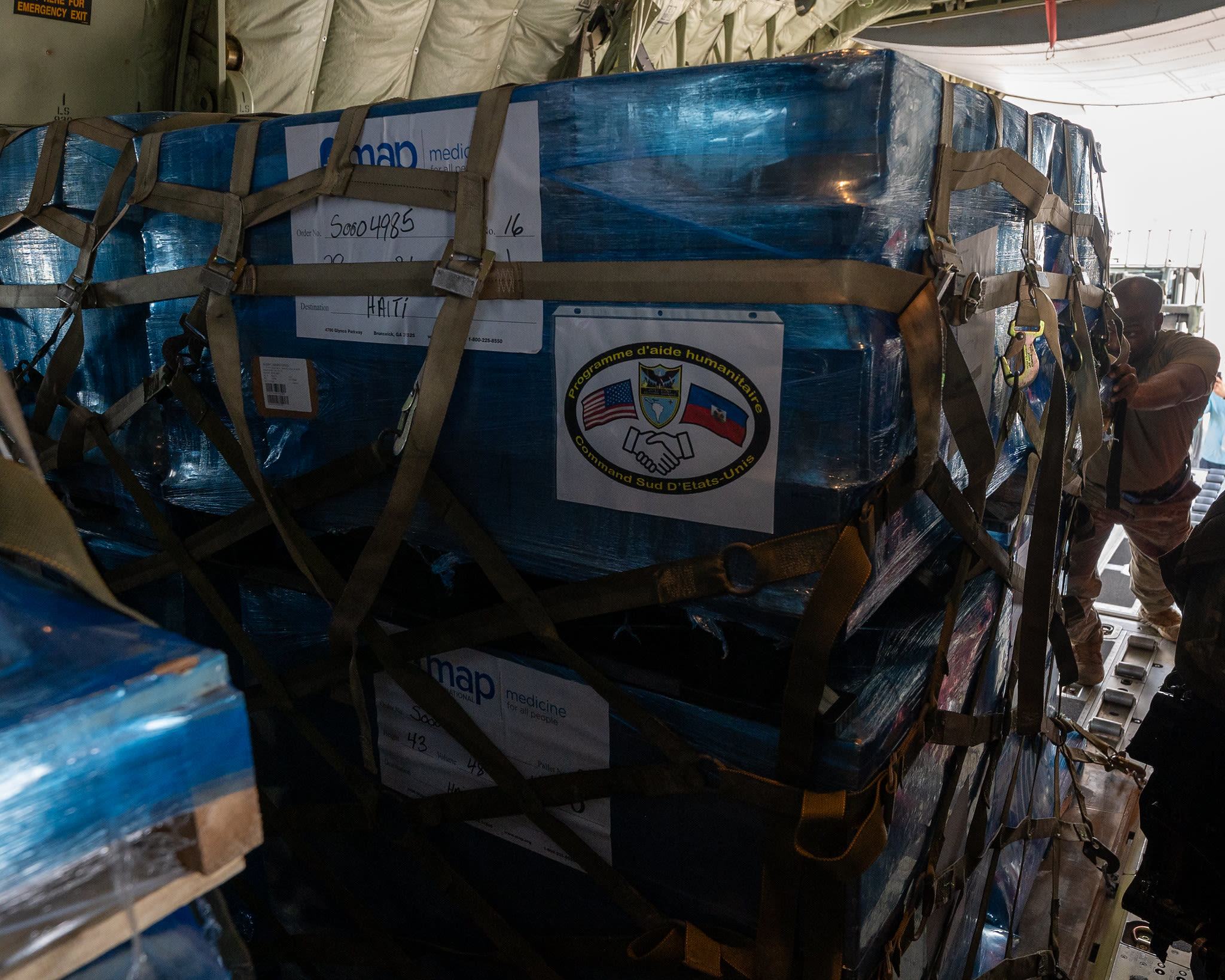 relief freight for Haiti loaded onto an airplane