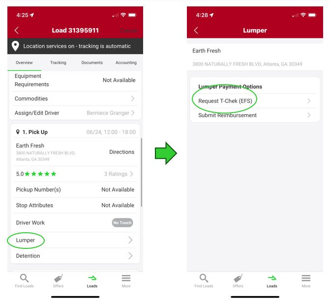 Selecting lumper payment option in CoyoteGO for Carriers mobile