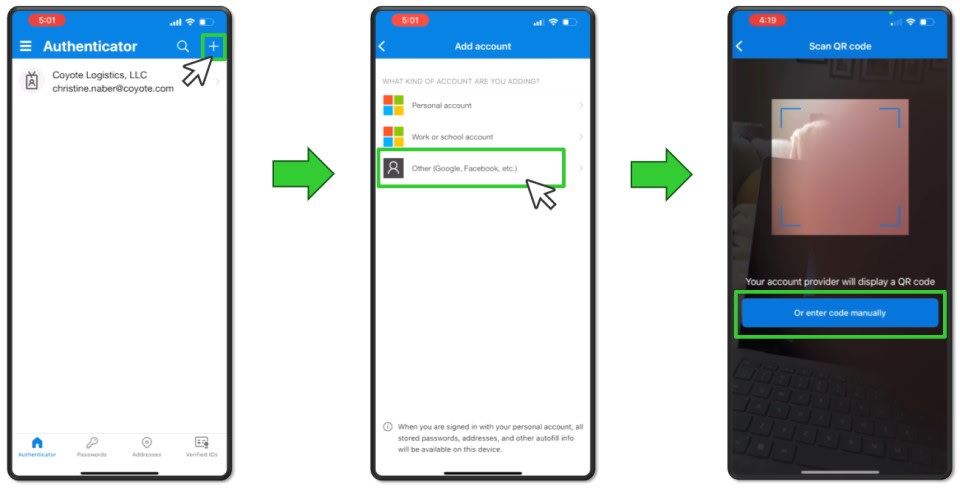 manual entry option in Microsoft Authenticator app