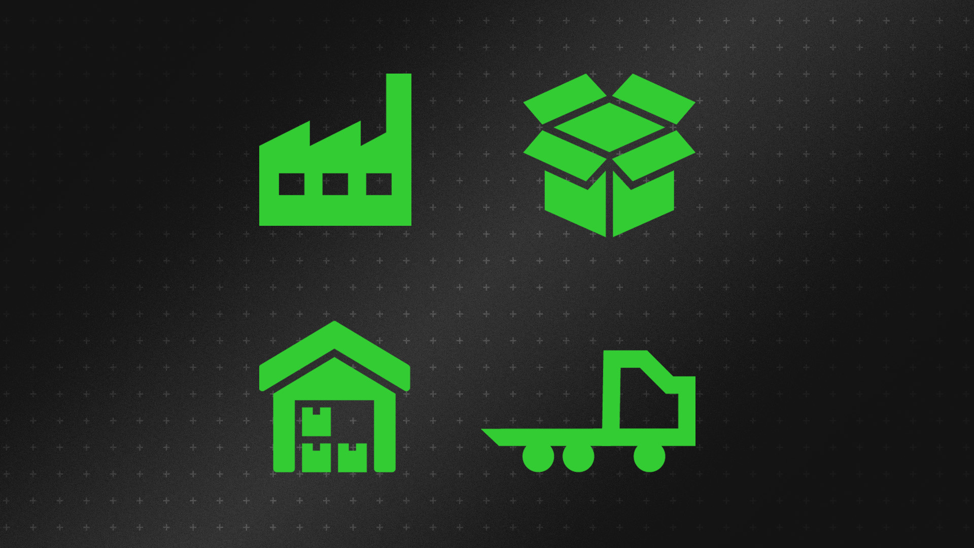 Icons depicting warehousing, transportation, manufacturing and procurement