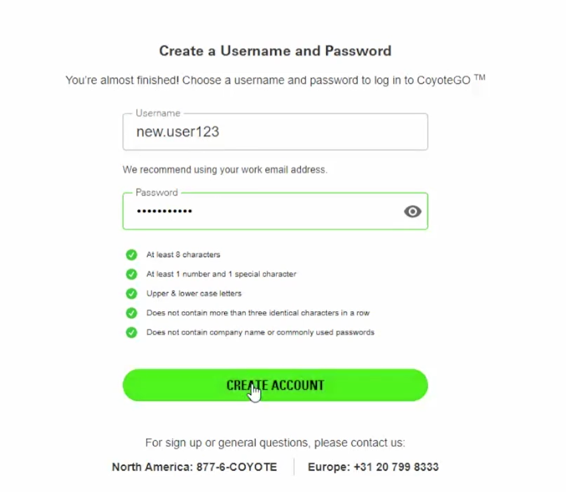 CoyoteGO Create Username and Password