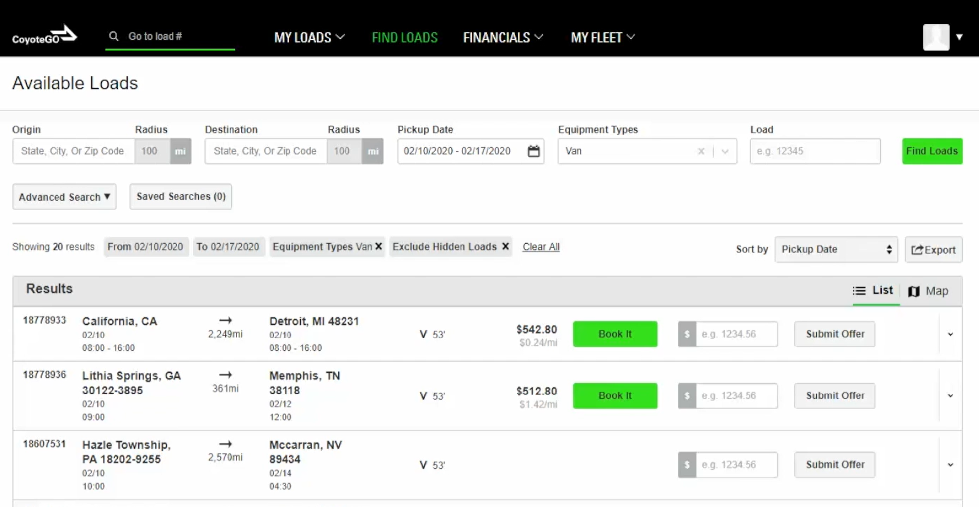 CoyoteGO available loads dashboard