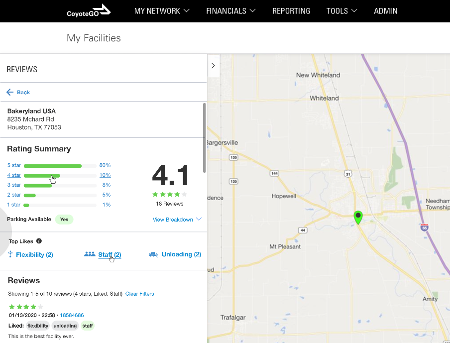 Coyote My Facilities, Carrier Facility Ratings Screen