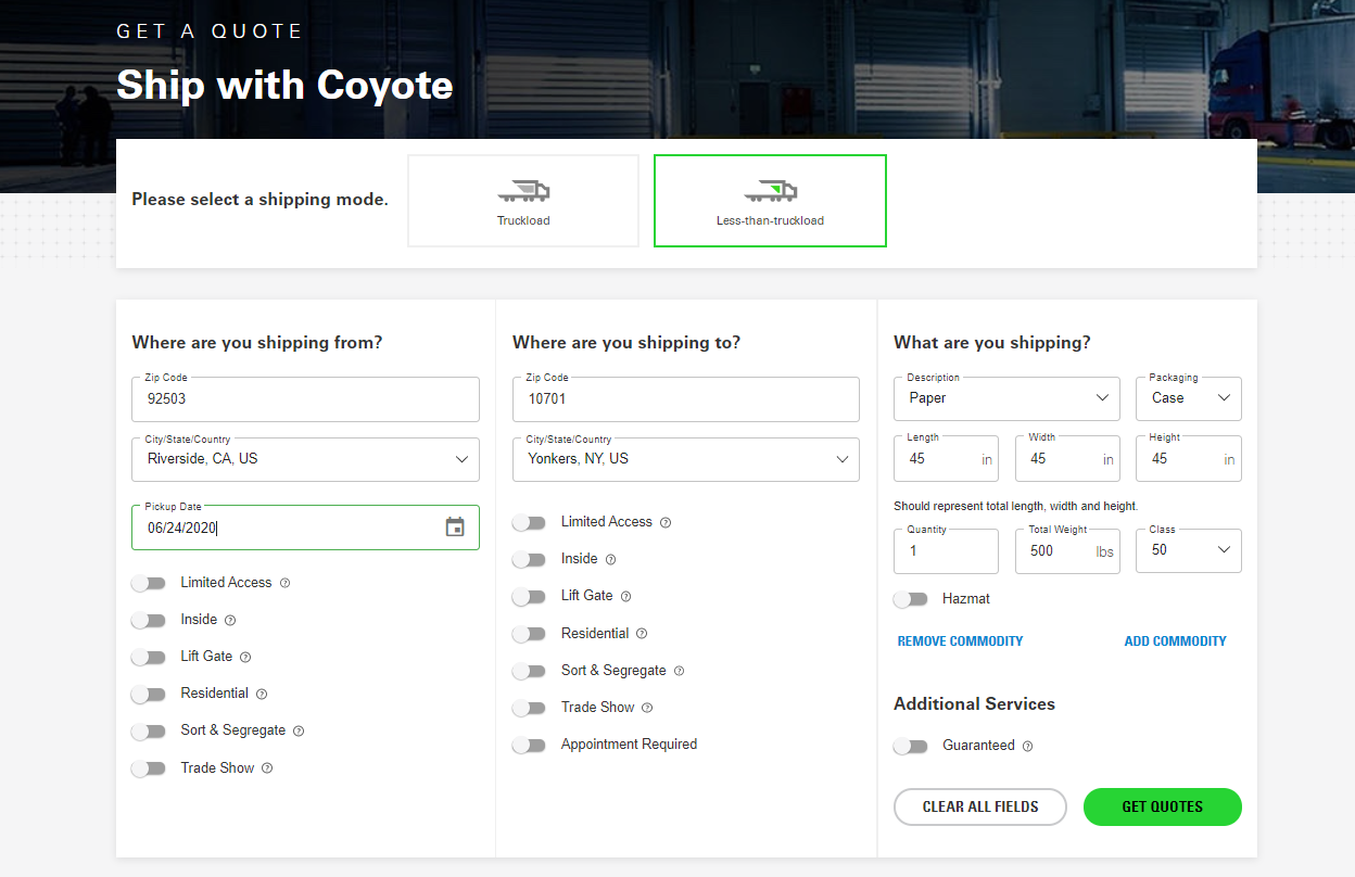 CoyoteGO Build LTL Shipment