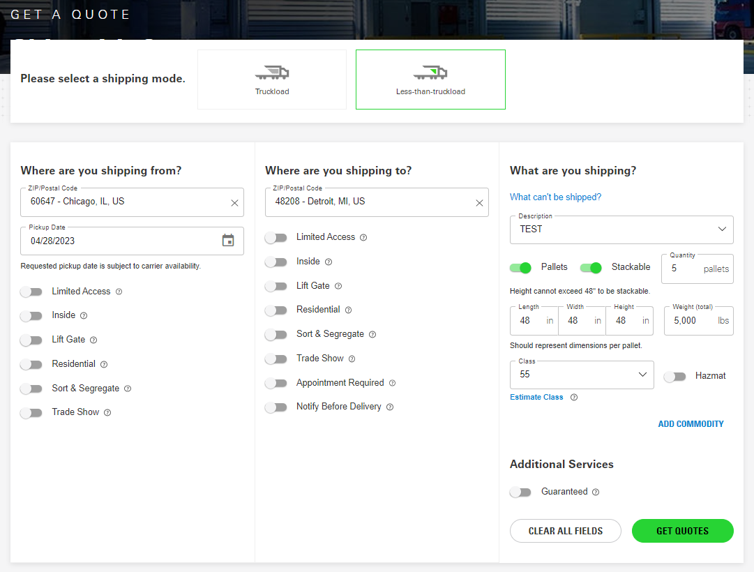 LTL quote and ship page