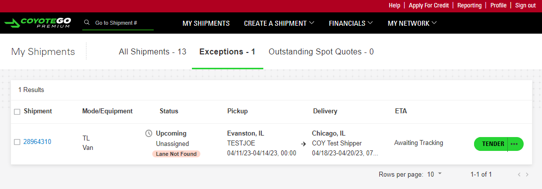 exceptions tab in my shipments dashboard