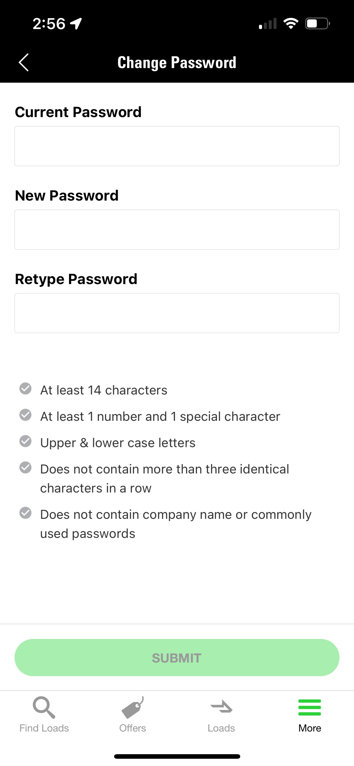 password requirements in coyotego mobile