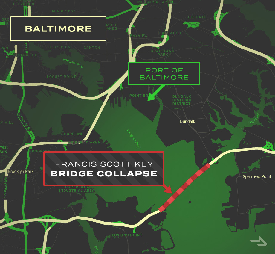 Mapa de Baltimore después del colapso del puente Francis Scott Key