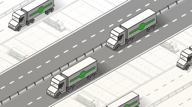 Graphic of semi-truck driving down a road