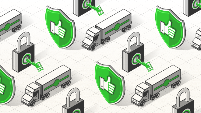 gráfico de camión que muestra camiones y candados para proveedores de transporte confiables