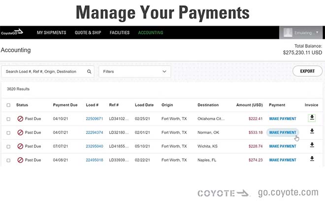 Gestión de pagos en CoyoteGO para pagar todas tus facturas de flete