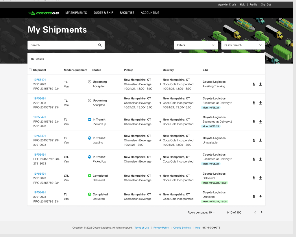 my shipments page with ETA displayed