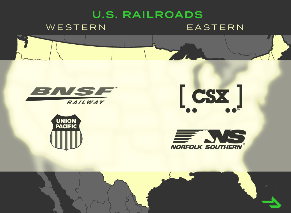 two primary western and eastern U.S. railroads and their approximate service areas 